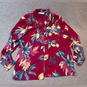 Vintage Alfred Dinner Button Up Sheer Blouse Womens Size 14 Petite Maroon Floral
